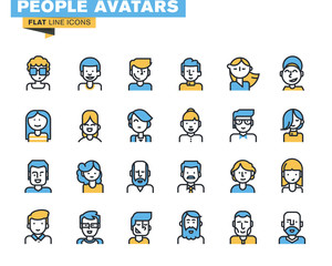 Wall Mural - Flat line icons set of people stylish avatars for profile page, social network, social media, different age man and woman characters, professional human occupation.