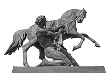 Horse Sculpture Of Anichkov Bridge In Saint Petersburg Isolated On White Background