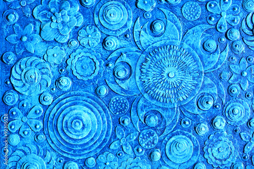 Fotografie, Obraz Mix of blue flowers in the unique art painting, environment background surface, floral pattern, embossing ,carving and 3d print