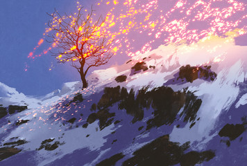 fantasy landscape showing bare tree in winter with glowing snow,digital painting