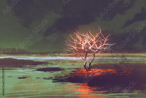 Fototapeta na wymiar illustration painting of night landscape with glowing tree