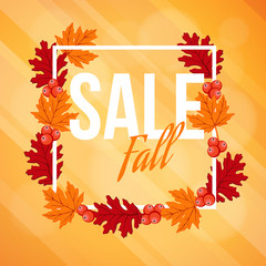 Wall Mural - Autumn fall sale background with maple and oak leaves and berries, vector