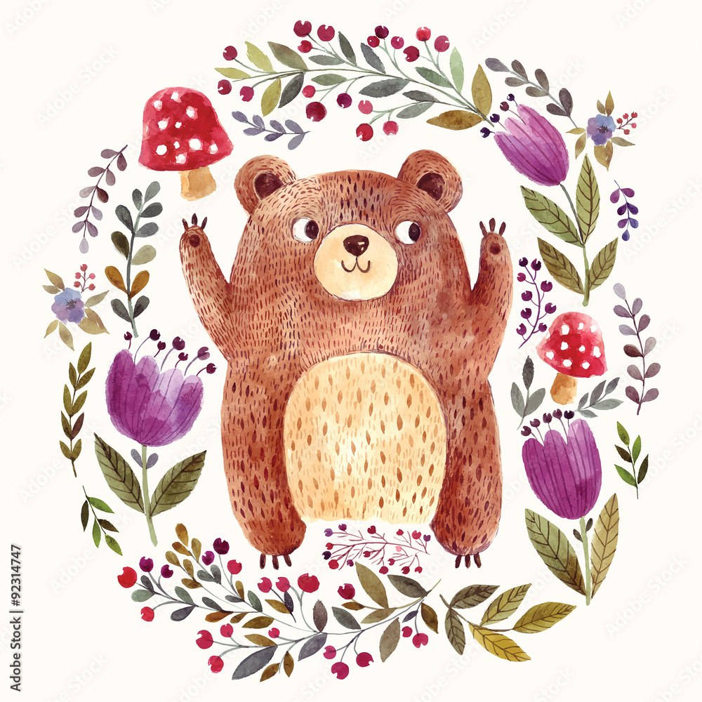 Photo Adorable bear in watercolor technique.
