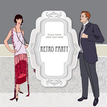 Retro Party Invitation Design. Flapper Girl And Man Over Vintage Background With Copy Space In 1920s Style. 
