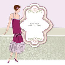 Fashion Girl Background. Retro Party Invitation Design In 1920 - 1930's Fashion Style Frame