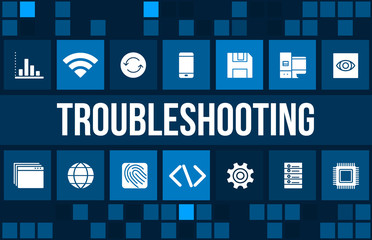 Troubleshooting concept image with technology icons and copyspace