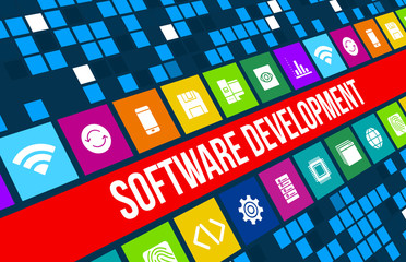 Software development concept image with technology icons and copyspace