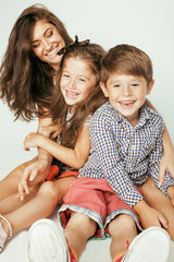 young mother with two children on white, happy smiling family