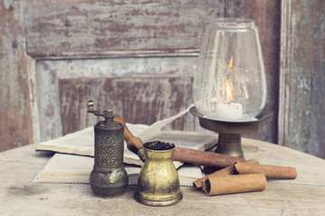 Poster - Open books on the old wooden table and Coffee Accessories