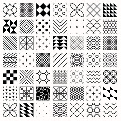 Wall Mural - Set of geometric seamless patterns, triangles, lines, circles. Black and white different background