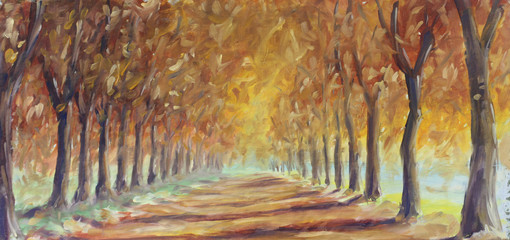 road in the autumn forest, oil painting