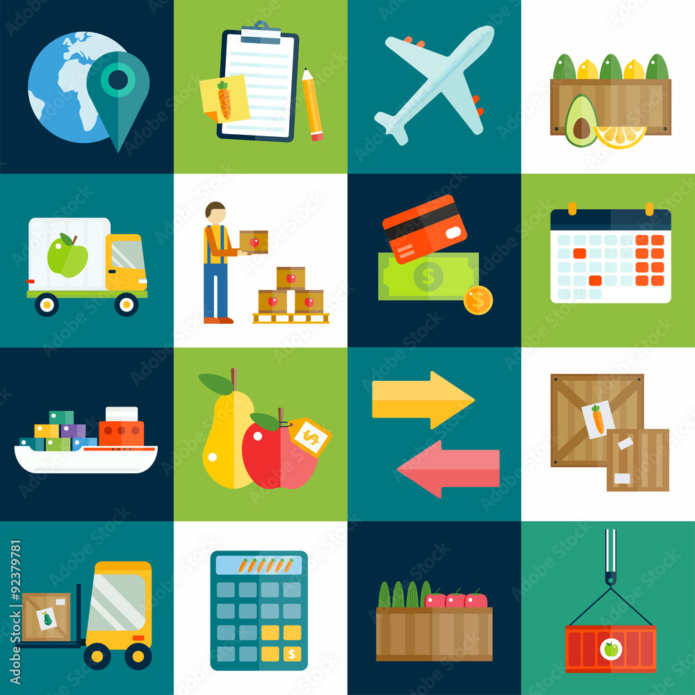 Import export fruits and vegetables delivery vector icons set Stock ...