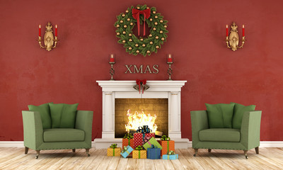 Wall Mural - Retro christmas interior with fireplace