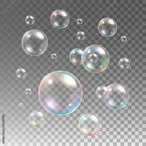 Cuadros en Lienzo Transparent multicolored soap bubbles vector set on plaid