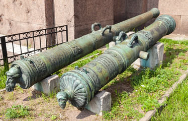 Ancient bronze cannons in Artillery museum in summer sunny day