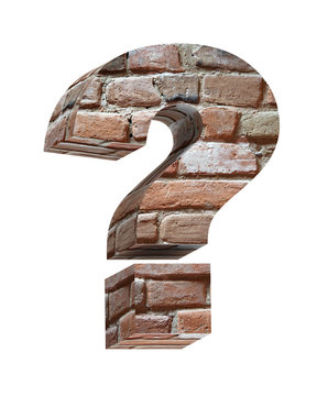 Question mark from old brick alphabet set isolated over white. Computer generated 3D photo rendering.