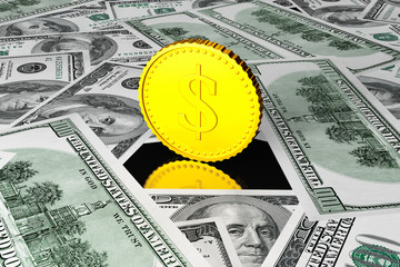 Aufkleber - Golden Coin in center of Dollar Bills