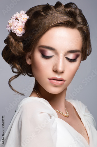 Obraz w ramie Beautiful woman with flower. Bride