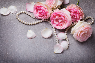 Postcard with fresh pink flowers roses