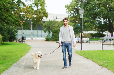 Wall Mural - happy man with labrador dog walking in city