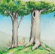 countryside landscape or woodlands, hand drawn sketch of cute deer in big tall trees with green grass and flowers in spring or summer nature or outdoor landscape, concept is happy peaceful countryside