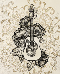 acoustic guitar with flower design, hand drawn illustration in vintage sepia color with black inking, cool abstract music poster or concert design concept, elaborate music art design background