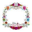 Day of the Dead Skulls Frame, with Roses, Round, Circle Shape