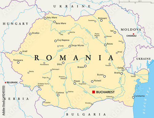 Fotografía Romania political map with capital Bucharest, national borders, important cities, rivers and lakes