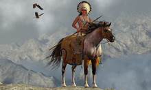 Indian Soaring Eagle -Two Bald Eagles Fly Near An American Indian With His Paint Horse On A Tall Cliff In A Mountainous Area. 