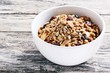 Homemade granola with nuts and dried cranberry.Selective focus