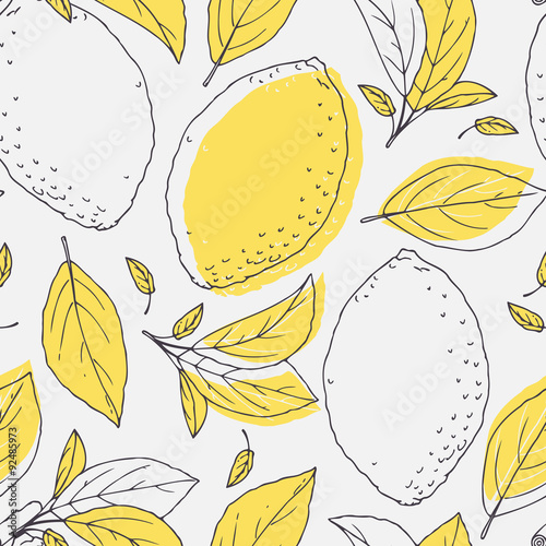 Fototapeta do kuchni Outline seamless pattern with hand drawn lemon and leaves. Doodle fruit for package or kitchen design