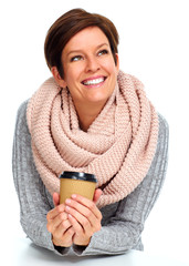 Poster - Beautiful lady with scarf and coffee mug.