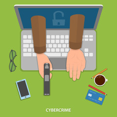 Wall Mural - Cybercrime flat vector concept. Hands of robber with gun appeard from laptops screen.