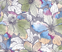 Floral Seamless Pattern With Hand Drawn Clematis Flowers