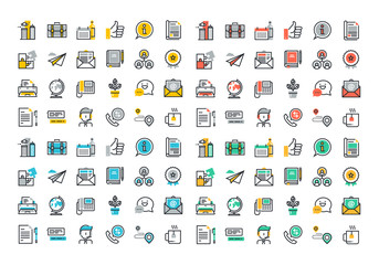 Fototapete - Flat line colorful icons collection of business essentials object, office tools, professional solution item, company information and services, communication and support.