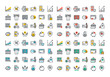 Flat line colorful icons collection of online payment, m-banking, , money savings and finance tools, banking services, financial management items, business accounting, internet payment security