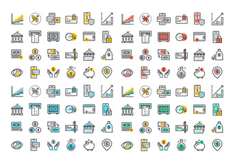 Flat line colorful icons collection of online payment, m-banking, , money savings and finance tools, banking services, financial management items, business accounting, internet payment security