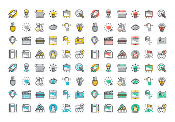 Fototapete - Flat line colorful icons collection of creative process, design, art, movie, making and editing of photography, literature, painting, product development, artist portfolio.