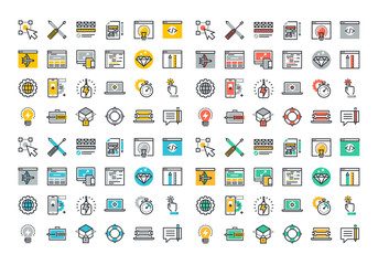 Poster - flat line colorful icons collection of web design and development, responsive design, app developmen