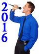 © petrdlouhy - Happy new 2016 year with young businessman in blue shirt singing into the mic