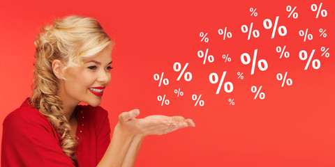 Sticker - woman with sale and percentage signs over red