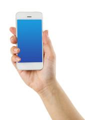 Sticker - Hand holding smart phone with blue screen, isolated on white