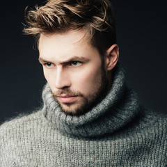 Portrait of an attractive young man with a beard in the studio in a warm sweater