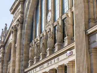 PARIS, FRANCE, on SEPTEMBER 28, 2015. Fragment of a facade of the building of the Northern station (fr. Gare du Nord)