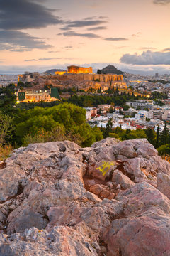 morning view of acropolis from filopappou hill in centre of athens.
