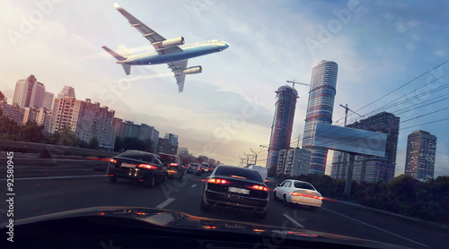 krajobraz-miejski-z-latajacego-samolotu-na-niebie-widok-z-samochodu-cyfrowa-ilustracja