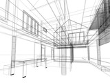 Fototapeta  - sketch design of living ,3dwire frame render