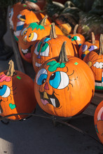 Provincetown, Massachusetts – September 23, 2015: Halloween Pumpkins With Funny Faces Drawn On Them