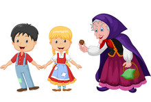 Classic Children Story Hansel And Gretel With A Witch Isolated On White Background