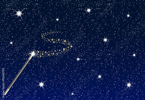 Fotografie, Obraz Winter night with falling snowflakes, magic wand and stream of stars